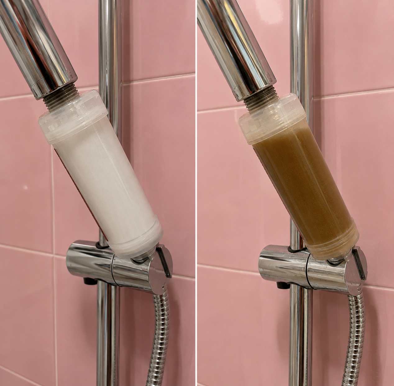 Shower filter before and after: clean white cartridge next to one saturated brown with rust and minerals from tap water