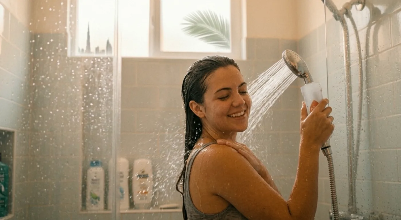 Woman enjoying a softer shower with ILLUMA filter